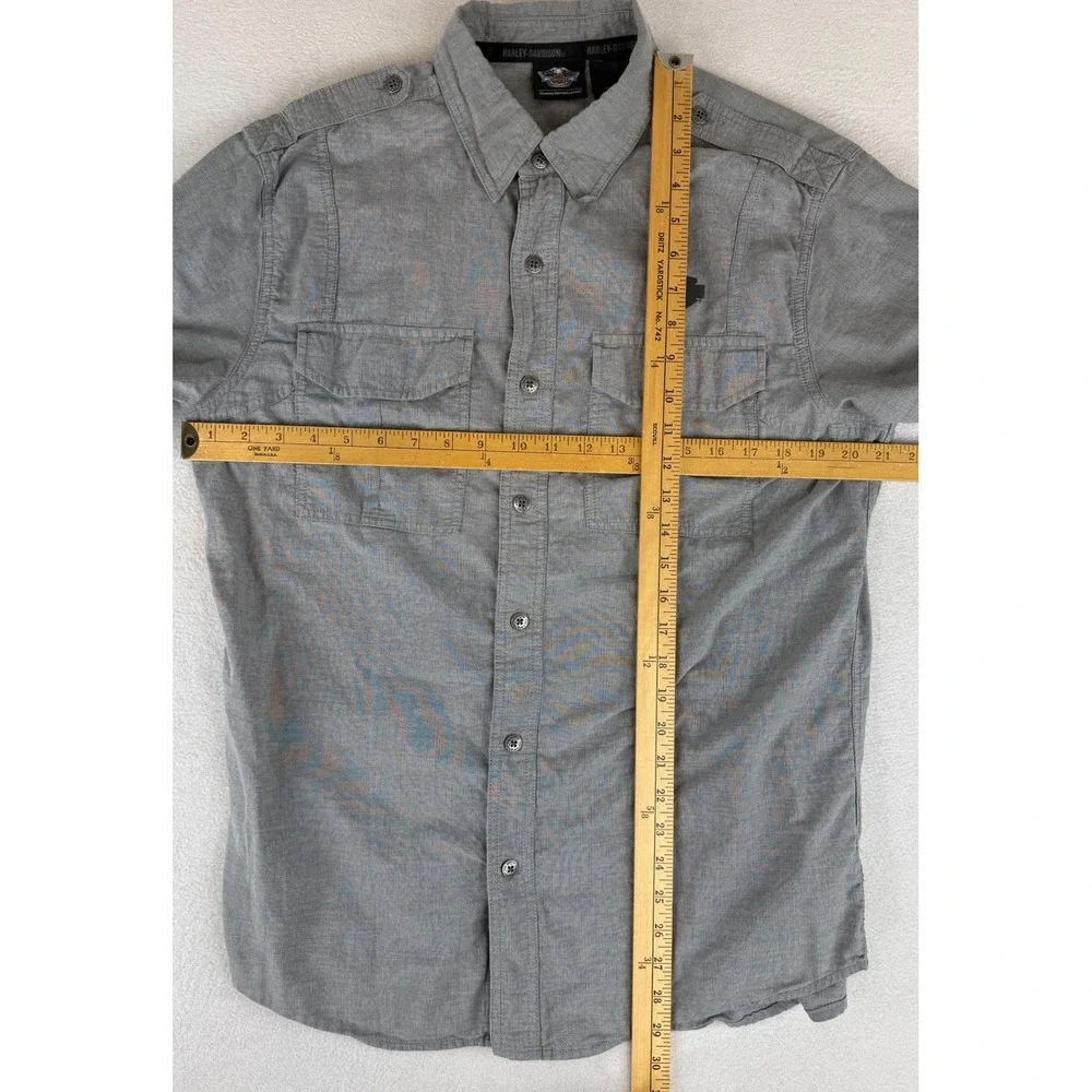 Harley Davidson Button Down Shirt Mens L Grey Short Sleeve Graphic Epaulet 59615